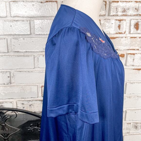 Vintage 70s Blue Floral Lace Detail Short Sleeve Button Down Lightweight Set S - Picture 4 of 8